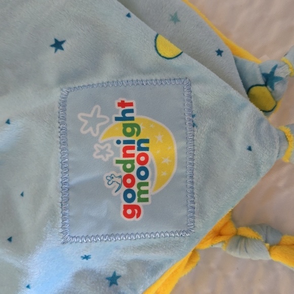 Goodnight Moon Blue Yellow Bunny Baby Blanket Lovey Soother Tie Knot Corners - Picture 2 of 5